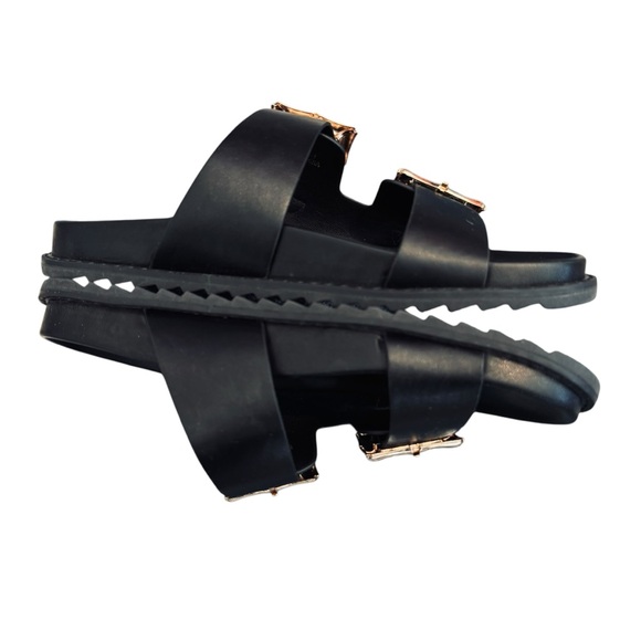 Jason Wu Black & Gold Marzan Slide Sandals with Gold Buckles - Picture 12 of 15